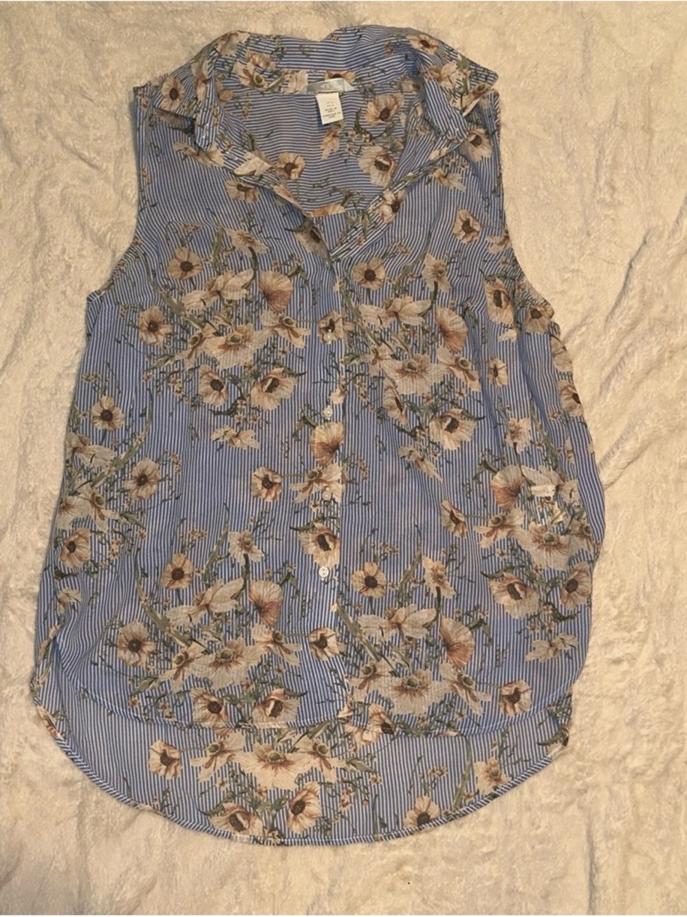 H&M Blue Striped Sleeveless Button-Down with Floral Print